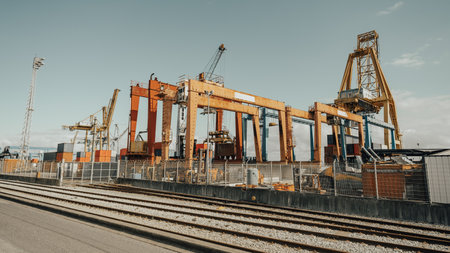 Large industrial port with multiple gantry cranes, shipping containers, and railway tracks. The heavy-duty structures, painted in yellow and orange, dominate the logistics hub under a clear skyの写真素材
