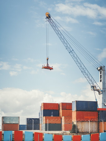A large industrial crane lifts a red cargo platform with a worker standing on it at a shipping port. Stacked colorful freight containers and a barbed-wire fence are visibleの写真素材