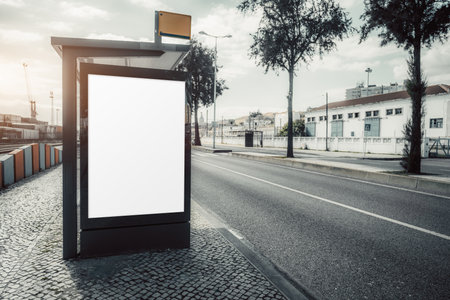 Blank advertising billboard mockup at a modern bus stop on an empty urban street. White poster frame for commercial design placement. Cityscape with trees, sidewalk, and buildingsの写真素材