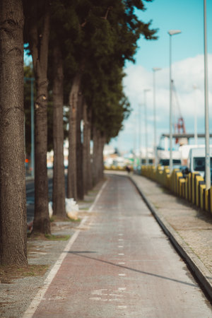 A tree-lined bike lane with a worn red surface runs parallel to a road with parked vehicles and yellow barriers. The perspective leads toward an industrial harbor with cranesの写真素材