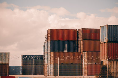Stacked shipping containers in red and blue colors behind a barbed wire fence at an industrial storage yard. The containers show signs of rust and wear, under a cloudy skyの写真素材