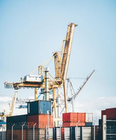 Industrial shipping port with towering yellow gantry cranes handling stacked red, blue, and white cargo containers. Barbed wire fence in foreground, clear sky in background; telephoto shotの写真素材