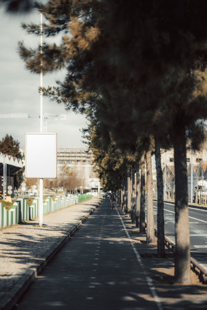 Urban bike lane lined with tall trees, running parallel to a road with moving traffic. A blank advertising mockup sign stands beside a pedestrian sidewalk. A silhouette of a cyclists in the distanceの写真素材