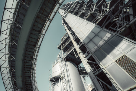 A towering oil refinery structure with industrial metal frameworks, storage tanks, and pipelines. Captured from a low-angle perspective, showcasing engineering complexityの写真素材