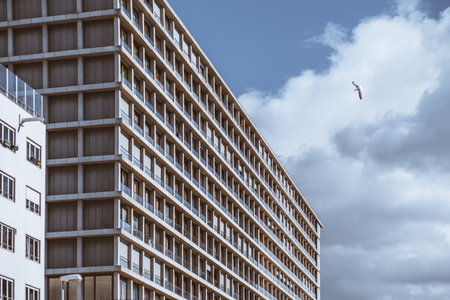 Modern residential building facade with repetitive architectural pattern, large windows and balconies, partly cloudy sky, seagull flying, urban minimalism, contemporary architecture; telephoto shotの写真素材