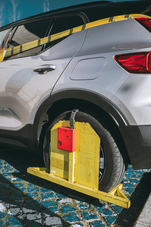 Close-up of a silver car immobilized by a yellow and red wheel clamp on cobblestone street, marked with caution tape, indicating parking violation or traffic enforcement; wide-angle close-up shotの写真素材