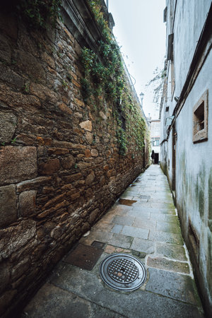 Narrow empty alleyway paved with stone slabs between weathered historic stone walls with green ivy, leading to old European buildings, wet ground after rain, overcast daylightの写真素材