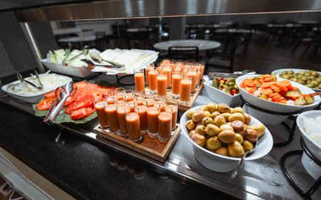 Fresh buffet with assorted vegetables, pickles, olives, tomatoes, cabbage, onions, cheese, and shots of gazpacho in glasses under warm lighting; wide-angle shotの写真素材