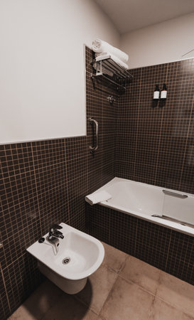 Modern bathroom interior with brown mosaic tiles, a white bidet, a bathtub with towel and glass partition, wall-mounted metal rack with towels, and dispensers; vertical wide-angle shotの写真素材