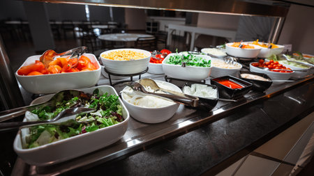 Fresh and colorful salad bar, a self-service buffet with a variety of vegetables including tomatoes, lettuce, corn, onions, arugula, sauces, and toppings, white ceramic bowls; wide-angle low-key shotの写真素材