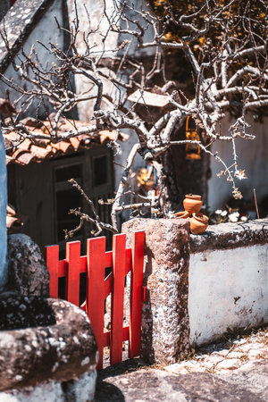 Charming rustic scene with a bright red wooden gate, aged stone wall, clay pots, and a leafless tree casting shadows in front of a traditional whitewashed house in Aldeia da Mata Pequena, Portugalの写真素材
