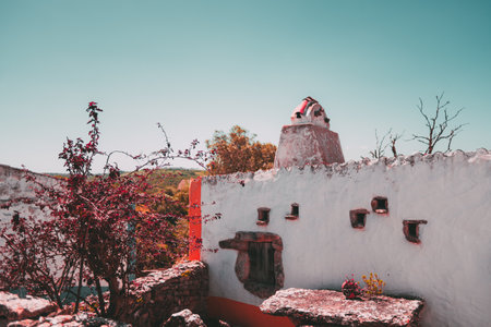 Traditional rustic whitewashed house with red accents, textured walls, and an old chimney under a clear blue sky, surrounded by wild vegetation and dry branches. Selective focus effectの写真素材