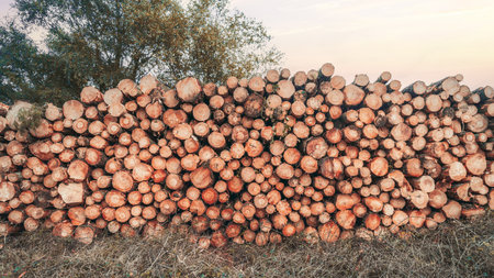 Large stack of freshly cut timber logs neatly piled in an outdoor rural setting, with visible tree...