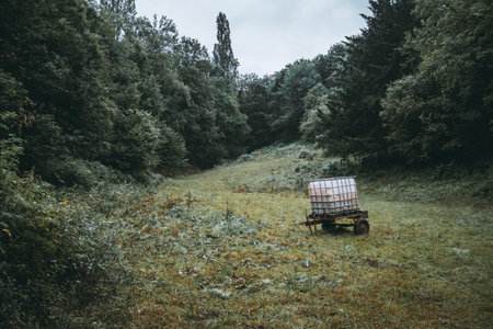Lone water tank trailer stands in a misty green meadow surrounded by dense forest in Asturias, Spain, evoking solitude, rural life, and natural tranquility after rainfallの写真素材