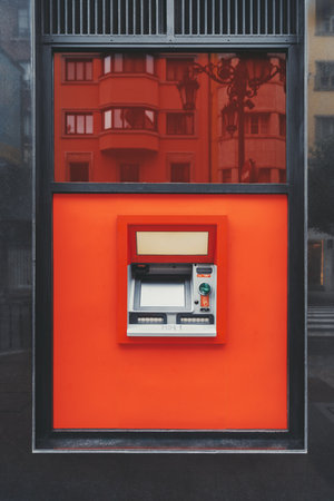 Modern ATM machine embedded in a vibrant red wall, with reflections of urban architecture and street lamps in the upper glass panel, creating a bold and eye-catching city sceneの写真素材