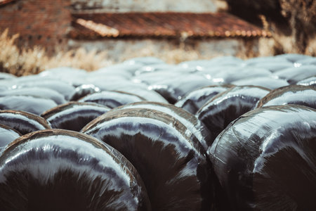 Close-up view of shiny black plastic-wrapped hay bales stacked in a field near a rustic farm building with terracotta roof tiles, creating an abstract rural texture with strong light reflectionsの写真素材