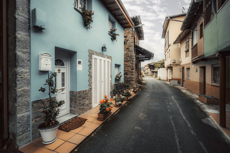 Picturesque narrow street in a small Asturian village, with colorful facades, potted flowers, stone details, and cozy entrances creating a charming and peaceful rural atmosphereの写真素材