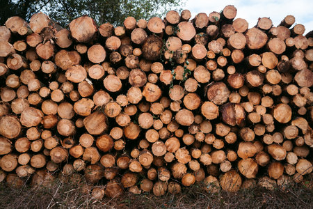 Close-up view of stacked cut timber logs in a forest clearing, showcasing natural wood textures, tree rings, and earthy tones - perfect for concepts of forestry, lumber industry, and sustainabilityの写真素材