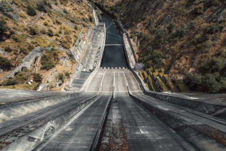 Dramatic top-down view of a massive concrete dam structure with steep spillways and hydroelectric infrastructure, surrounded by rugged canyon walls and a narrow river channel far belowの写真素材