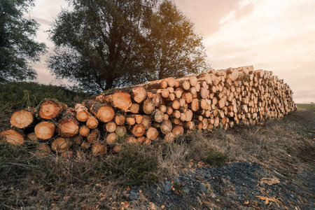 Long pile of freshly cut tree logs stacked outdoors on dry grass with visible wood texture, bark and growth rings under warm evening sunlight in rural forest areaの写真素材