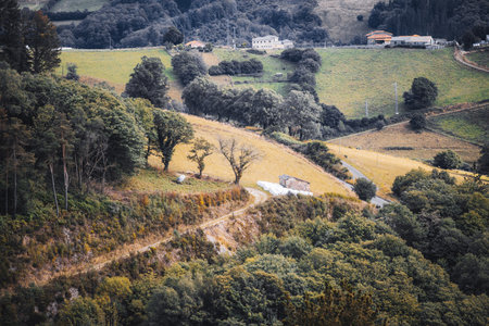 Rolling rural landscape with patchwork fields, winding road, scattered farmhouses, and forested hills, showcasing a peaceful countryside scene under soft daylight; telephoto shotの写真素材
