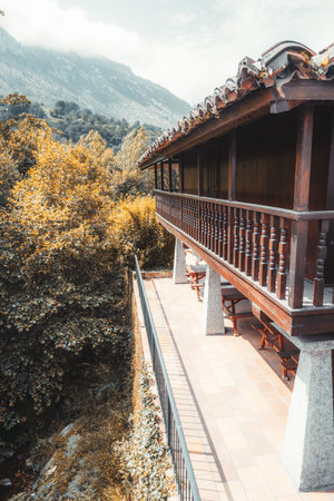 Elevated traditional wooden horreo in Asturias transformed into a rustic home with tiled terrace, surrounded by golden autumn trees and misty mountain scenery in northern Spainの写真素材