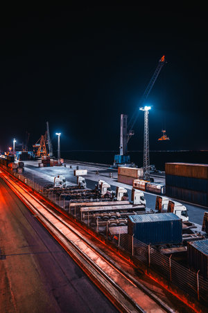 Industrial cargo port at night with shipping containers, cranes, and trucks illuminated by artificial lights, highlighting global trade, logistics, and heavy transportation industryの写真素材