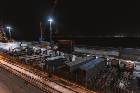 Industrial port at night with cargo trucks, shipping containers, and tall cranes under strong artificial lights, creating a busy logistics and transportation atmosphereの写真素材