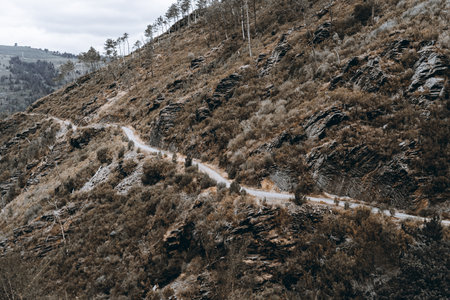 Narrow winding dirt road cutting through steep rocky mountain slope covered with dry shrubs, sparse trees, and rugged stone formations under cloudy sky; autumn Camino de Santiago in Asturias, Spainの写真素材