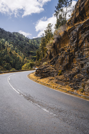 Winding asphalt mountain road in Asturias during autumn, curving around rocky cliffside with golden dry grass, pine forest hills and blue cloudy sky in scenic natural landscape; vertical formatの写真素材