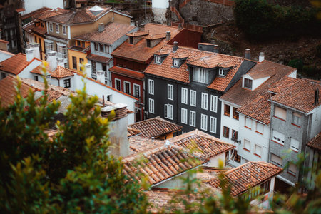 Picturesque view of traditional Spanish houses with red tiled roofs and colorful facades in a historic hillside town, framed by greenery and rustic architectural charm; Cudillero, Asturiasの写真素材