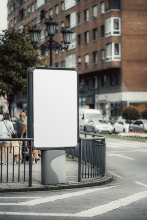 Vertical city billboard mockup with blank white advertising space on a modern frame, placed at urban street corner with cars, pedestrians, and buildings in the backgroundの写真素材