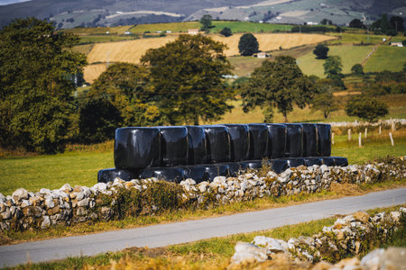 Neat stack of black plastic-wrapped silage bales placed behind a rustic stone wall on a rural road, with golden autumn fields and rolling green hills in the backgroundの写真素材