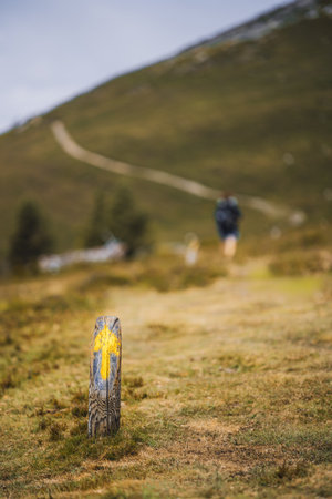 Wooden trail marker with a painted yellow arrow for Camino de Santiago, standing on grassy hillside in autumn. Selective focus with blurred hiker and winding mountain path in backgroundの写真素材