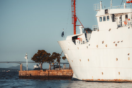 Telephoto view of large white ship moored at sunlit pier, with rust details, red mast elements and distant bridge and mountains creating a warm coastal maritime atmosphereの写真素材