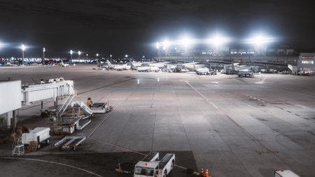 Nighttime airport apron with parked airliners, bright floodlights, service vehicles and boarding equipment, capturing busy aviation operations across wide illuminated tarmacの写真素材