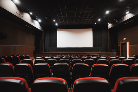 Empty cinema auditorium with rows of red and black seats facing blank projection screen, modern movie theater interior before screening, entertainment and event venue concept; low key shotの写真素材