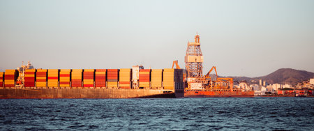 Cargo container ship passing an offshore oil rig near coastal port city at sunset, stacked containers on deck, calm sea and skyline, global trade and energy industryの写真素材