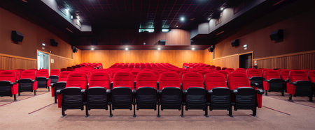 Low-key wide-angle shot of an empty modern cinema auditorium with rows of red plush seats, wide angle symmetrical view from front, warm wood walls, ceiling lights, ready for movie screeningの写真素材
