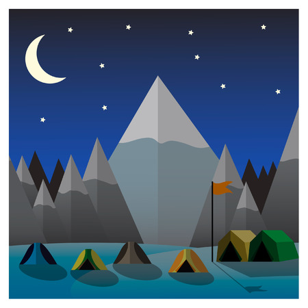 Mountain camp at night. Flat design vector illustrationのイラスト素材