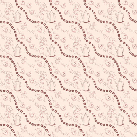 Seamless background pattern with coffee beans and cups. Vector illustration.のイラスト素材