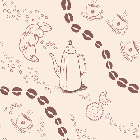 Seamless background pattern with coffee beans and cups. Vector illustration.のイラスト素材