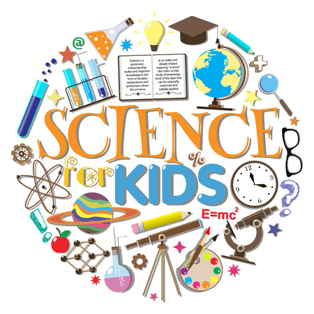 Science for kids. School symbols and design elements isolated on white background. Vector illustration.