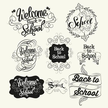 Back to school labels. Lettering and calligraphic design elements. Vector illustration.のイラスト素材
