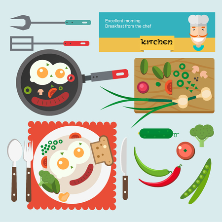 Vector illustration fresh breakfast food in flat style. Top view background.のイラスト素材