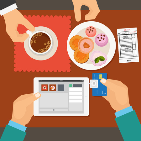 Mobile payment in restaurant using tablet. Vector illustration in flat style.のイラスト素材