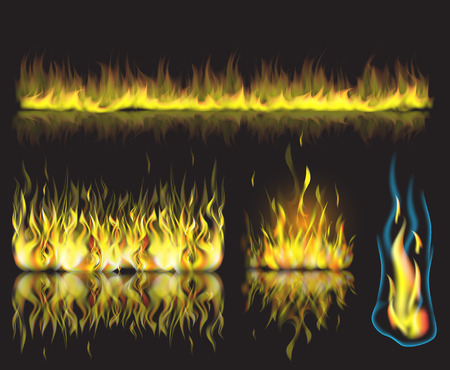 Vector illustration with set of burning fire flames on black backgroundのイラスト素材