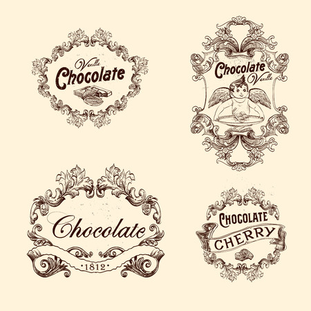 Vector set of chocolate labels, design elements, emblems and badges. Isolated illustration in vintage style.のイラスト素材
