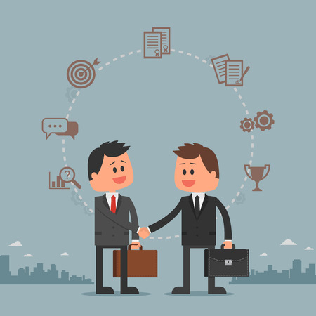 Business concept vector illustration in flat cartoon style. Business people shaking hands. Businessmen making a deal. Money investment concept. Business development cycle from idea to success.のイラスト素材