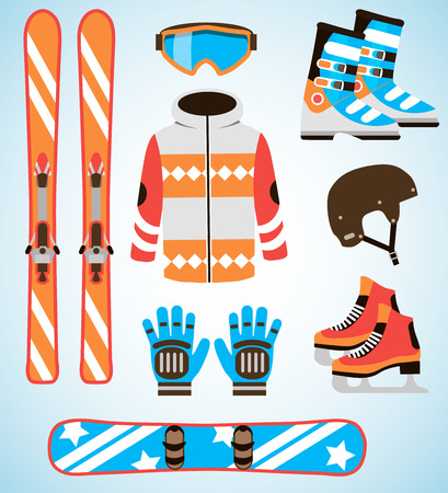 Vector set of Ski and Snowboard equipment icons. Winter sports equipment isolated elements set in flat design style.のイラスト素材